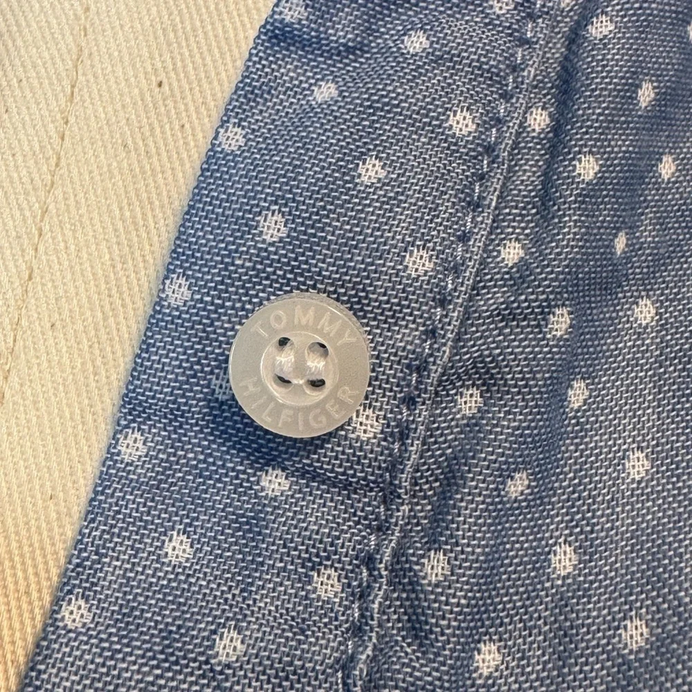 Tommy Hilfiger mini dress white polka dot/ blue collared belted half button sz10 - Picture 11 of 12